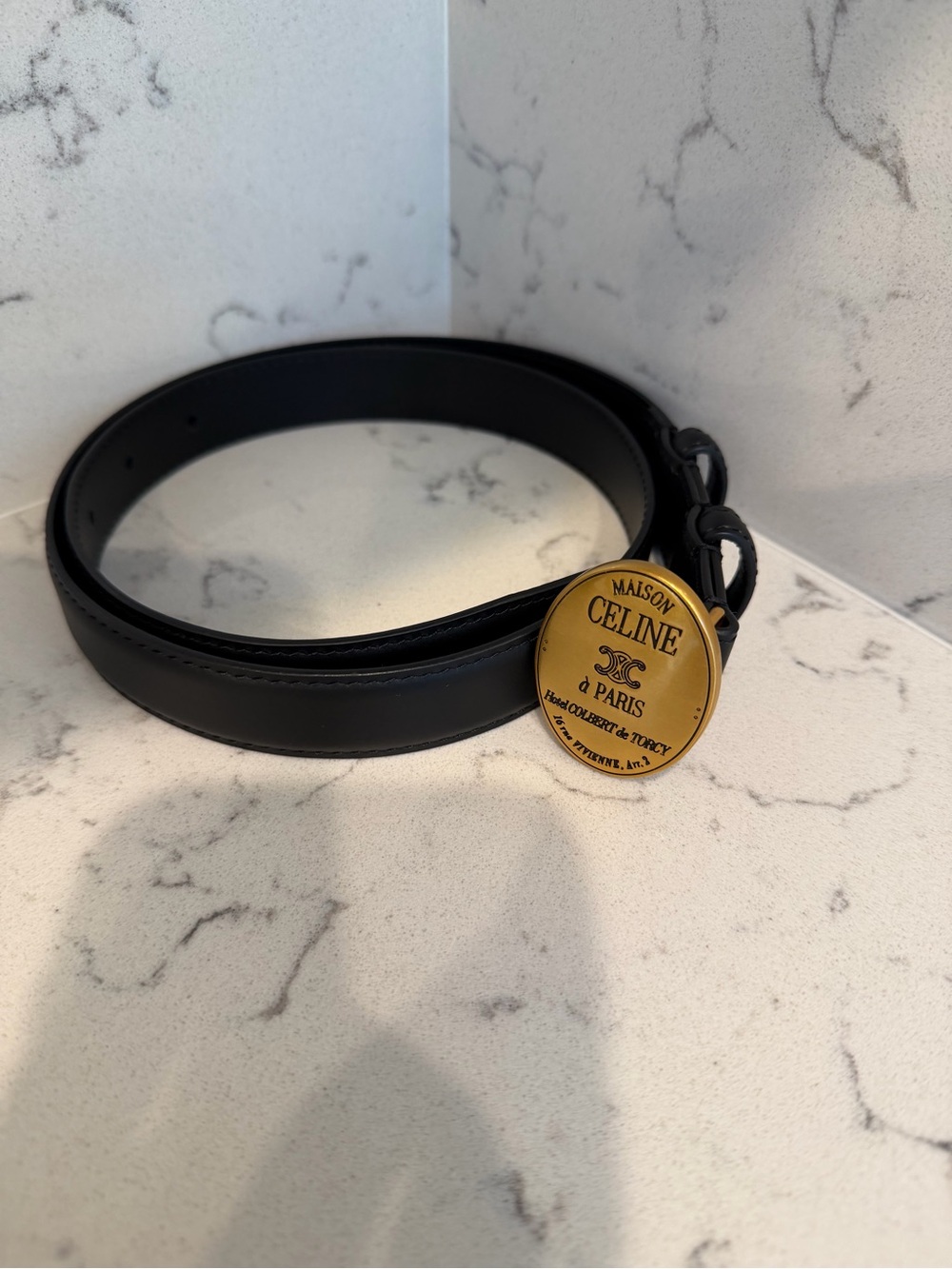 Celine Black Leather Belt with Gold Logo Medallion Charm
